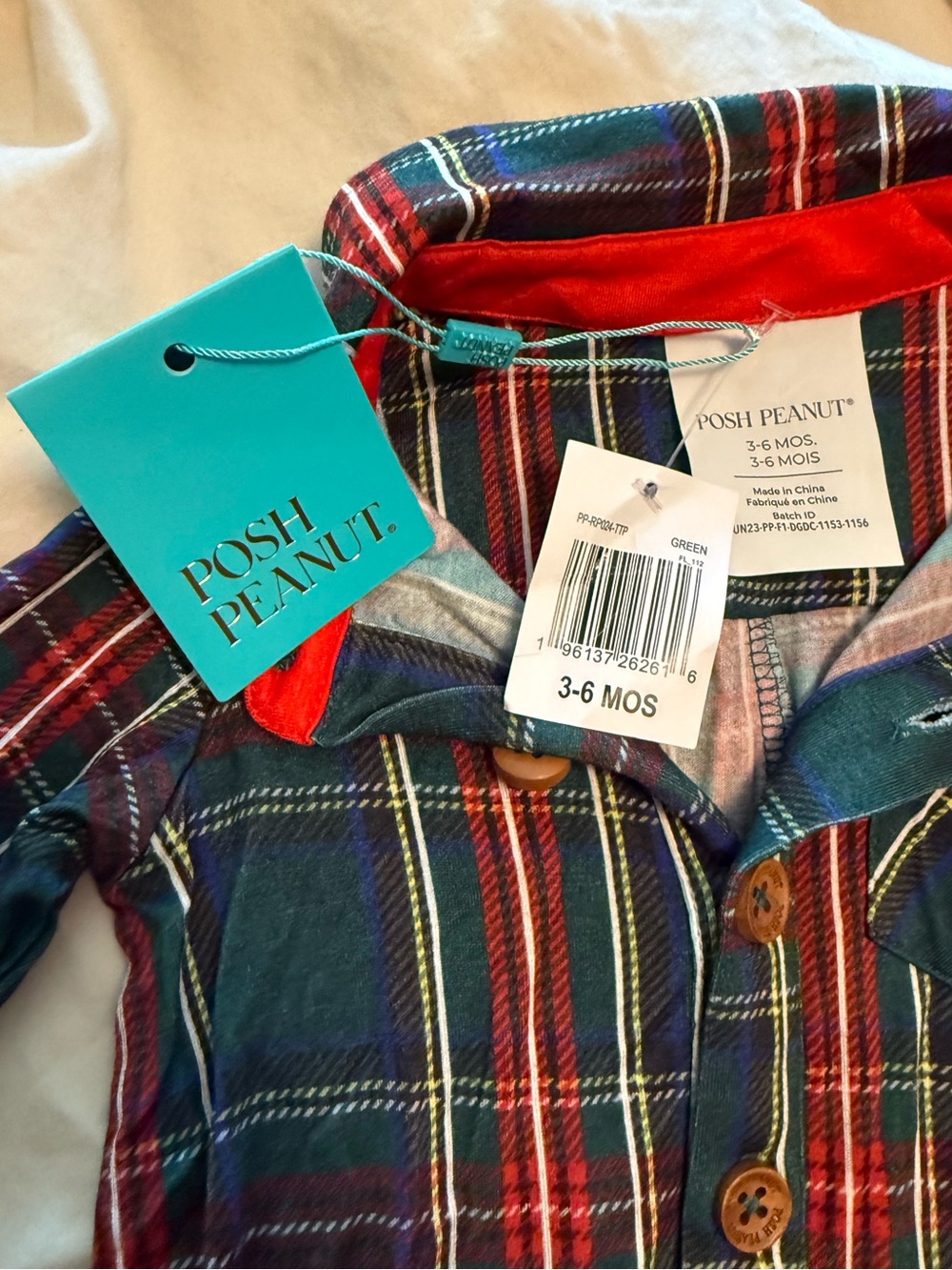 Posh Peanut Plaid collar onesie 3-6 month- Christmas, Green & Red